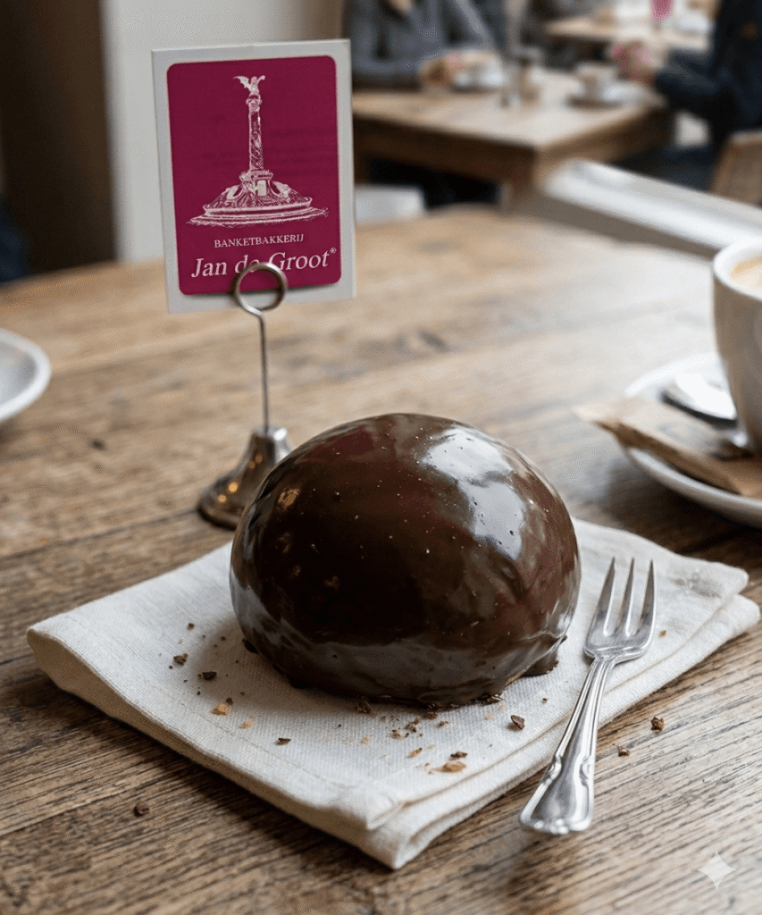 Verse Bossche bol op een servet, bedekt met glanzende pure chocolade, op een houten tafel in een Bossche bakkerij